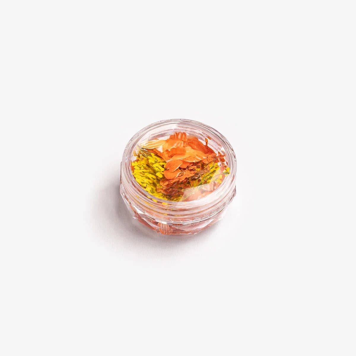 Pot de Flower Flakes Semilac Golden Sunset — pétales de fleurs séchées dans des tons chauds dorés et orangés pour nail art et incrustations.