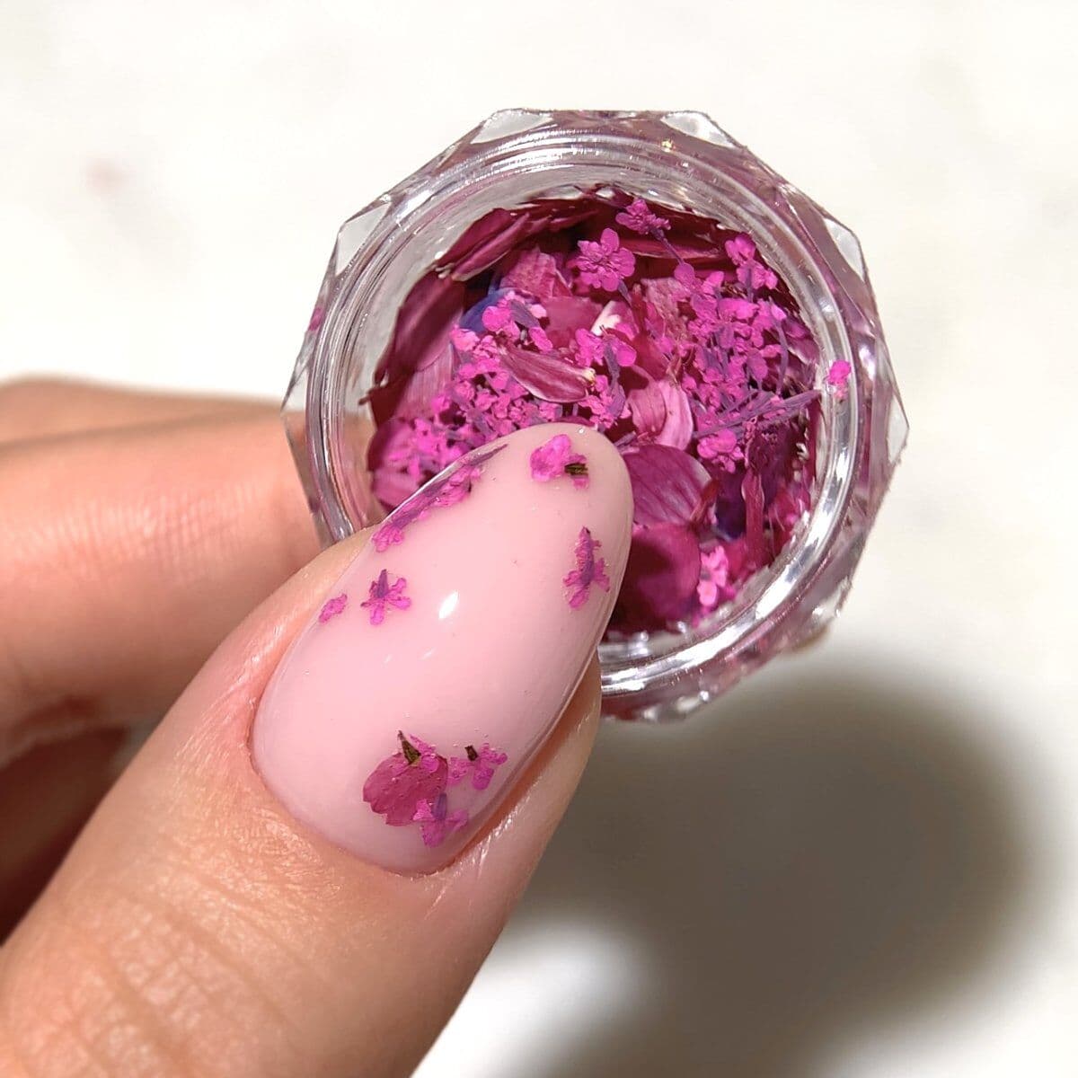 Un pot rempli de pétales de fleurs séchées dans des nuances rose corail - Semilac Flower Flakes Wild Orchid. Un ongle avec un vsp rose tendre est décoré de quelques pétales.